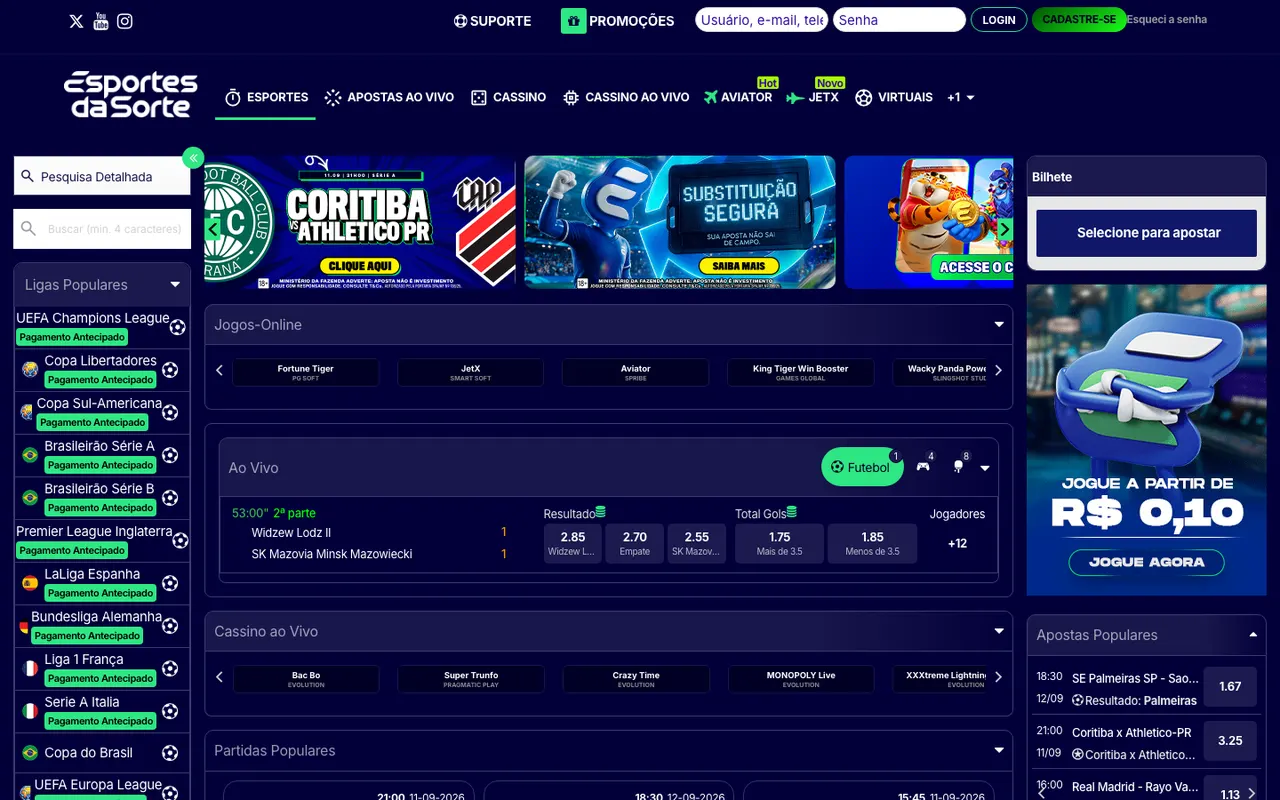 Página inicial de esportesdasorte.bet.br, capturada em 11 de setembro de 2026